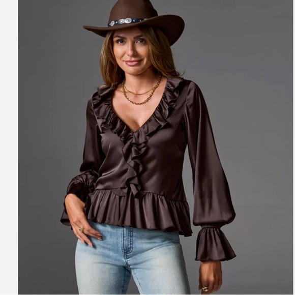 Boston Proper brown charmeuse ruffle blouse size medium never worn - Picture 2 of 6